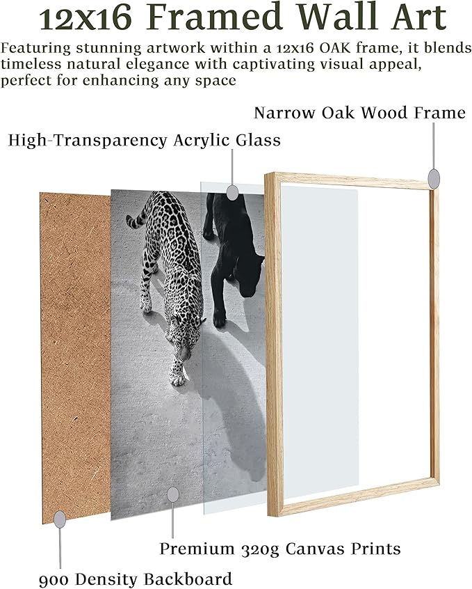 EcoHest Cheetah and Jaguar Walking Framed Wall Art, 12x16 in OAK Wood Vintage Black and White Funny Bathroom Canvas Art, Fashion 1950s Poster Decor, Beige Logs Set of 1 for Bedroom Living Room