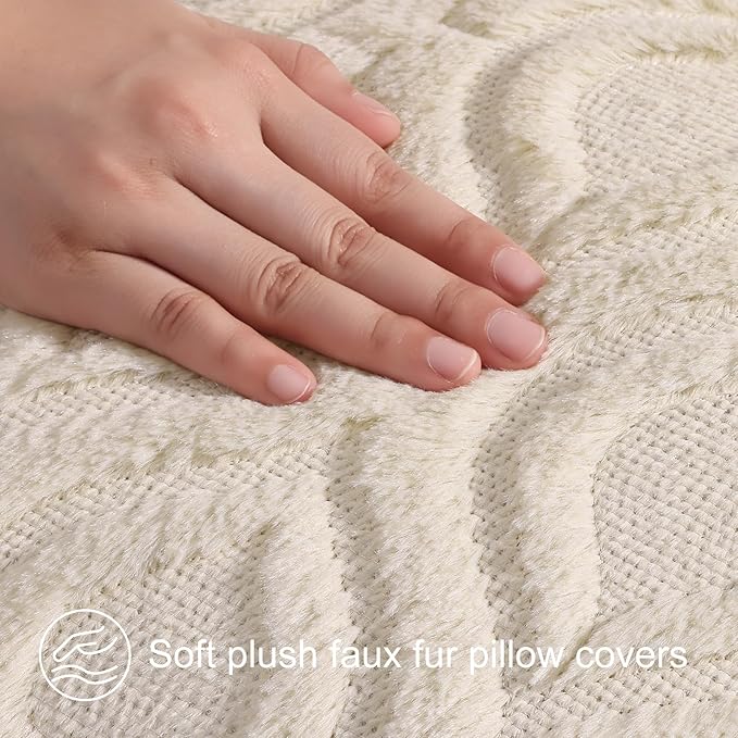 decorUhome Fall Throw Pillow Covers 18x18 Inch Set of 2, Soft Plush Decorative Faux Fur Beige Solid Couch Pillow Covers, Accent Farmhouse Neutral Square Euro Pillow Cases for Sofa Bed Living Room