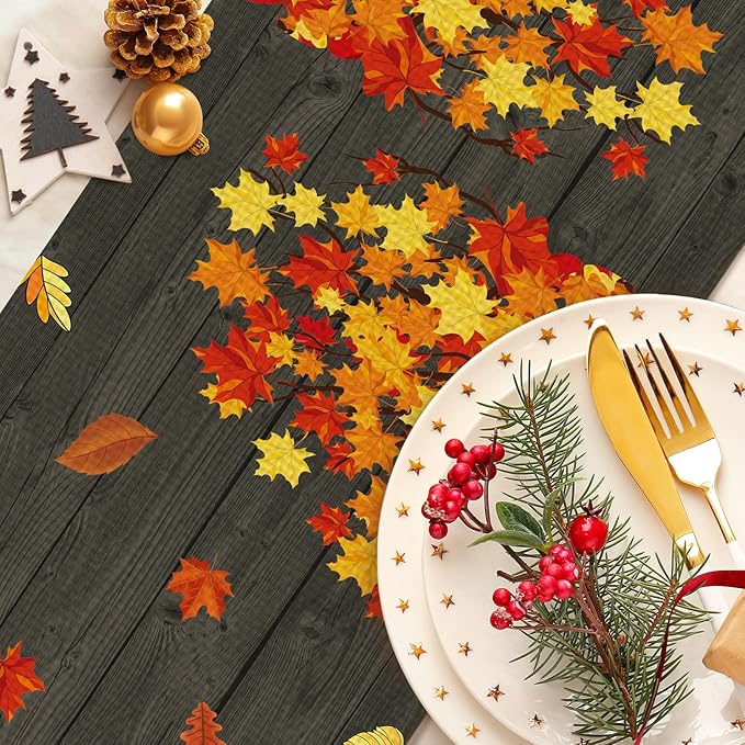 Autumn Fall Burlap Table Runner Seasonal Spring Fall Kitchen Dining Linen Table Decoration for Indoor Outdoor Home Party Dinner 13x72 Inch