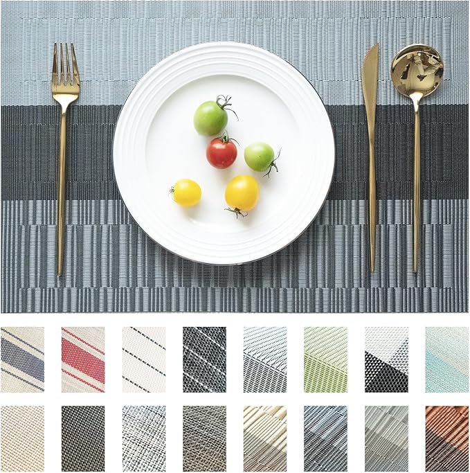 Placemats Set of 8 Vinyl/Plastic Woven Place Mats for Kitchen Table Indoor/Outdoor Washable Placemat Wipeable Dining Table Mats (Ombre Silver Grey Black,8)