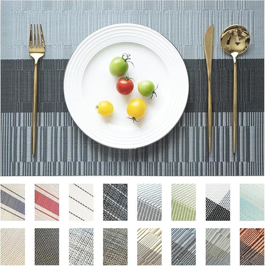 Placemats Set of 12 Vinyl/Plastic Woven Place Mats for Kitchen Table Indoor/Outdoor Washable Placemat Wipeable Dining Table Mats (Ombre Silver Grey Black,12)