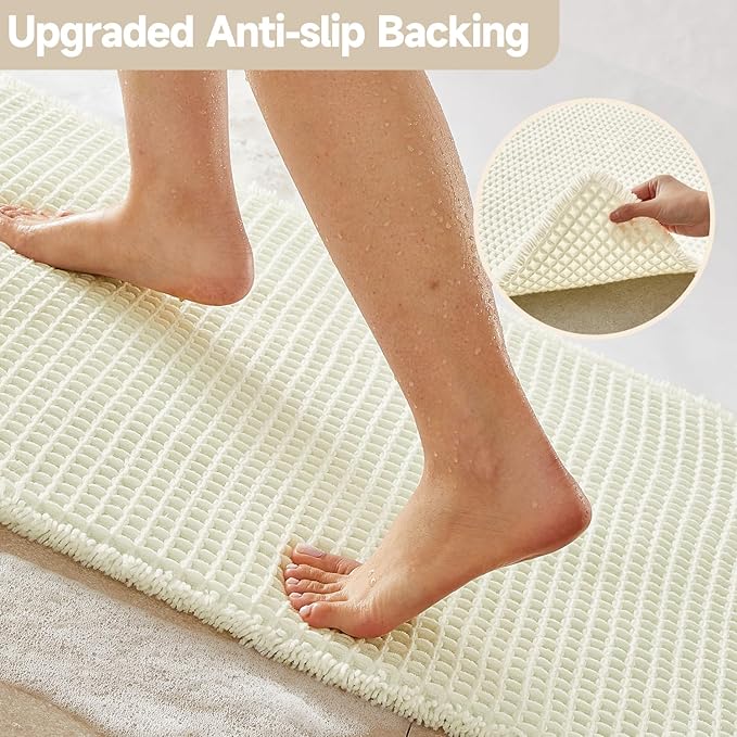 Cream White Long Bathroom Rugs, Waffle Runner Rug Bathroom Non Slip Washable Super Absorbent Quick Dry Boho Farmhouse Bath Mat, 60"x24" Cream White