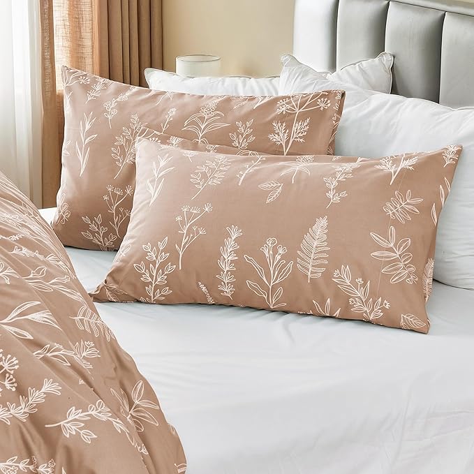 MUXHOMO Duvet Cover Queen Size, Reversible Floral Rosy Gold Duvet Cover Set with Zipper Closure, 3 Pieces Botanical Patterns Soft Microfiber Bedding Set with 4 Ties (90"x90", 2 Pillow Cases)