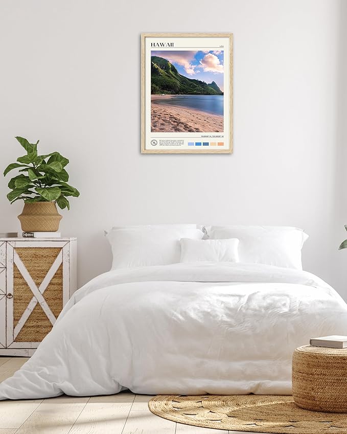 HesenDot Natural OAK Wood Hawaii Framed Wall Art,12x16in Makana Mountain Natural Scenery Canvas Wall Print,Classic Urban City Landmark Wall Decor for Living Room,Bedroom,Office Gallery Gifts Set of 1