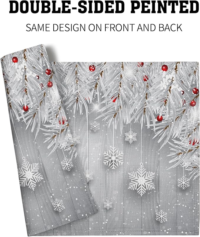 Giwawa Winter Snowflakes Placemats Set of 4 Christmas Silver Snows Xmas Tree Red Berries Linen Table Place Mats Seasonal Non-Slip Heat Resistance 12"x18" for Dining Kitchen Holiday New Year Decor