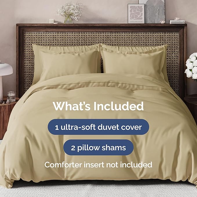 Duvet Cover Queen Size Set - Extra Soft Queen Size Duvet Cover 90 x 90 with 2 Pillow Shams - Hotel Luxury, Easy Care and Fade Free with Zipper Closures & Ties - Comfy, Breathable Bedding Set (Beige)