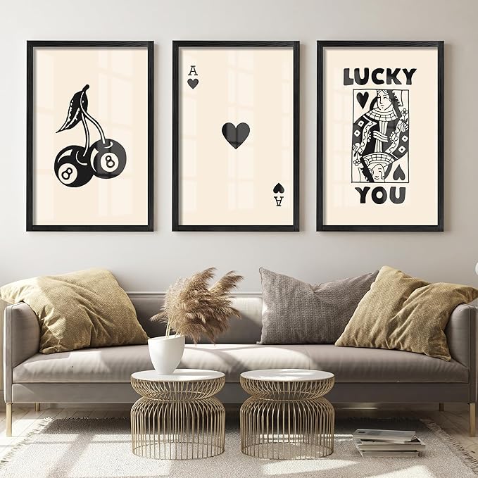 Heiple Framed Set of 3 Poker Wall Art Lucky You Poster, Trendy Retro Wall Art for Queen of Hearts Wall Art Rustic Vintage Farmhouse Home Wall Decor (Black, 16"x24")