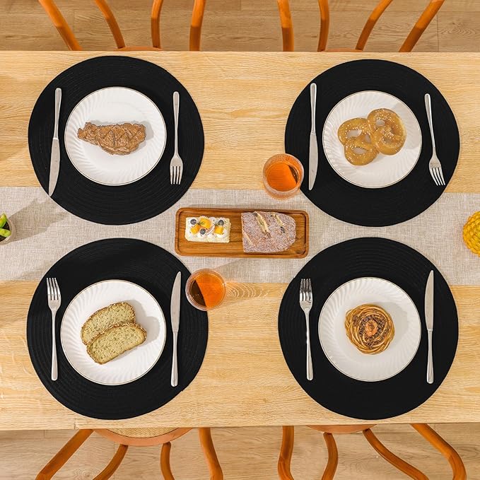 SHACOS Round Braided Placemats Set of 6 Cotton Polyester Heavy Duty 15 inch Round Table Mats Washable Heat Resistant Place Mats (Black, 6)