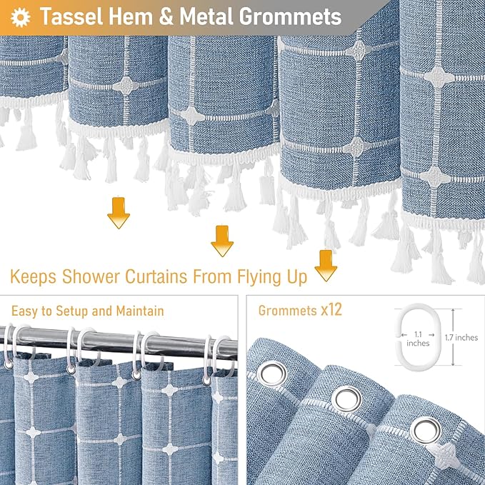 BTTN Extra Long Shower Curtain - 72x84 Inch Long Boho Chic Tassel Linen Fabric Shower Curtain Set with Hooks, Tall Modern Farmhouse Elegant Heavy Duty Thick Cloth Shower Curtains for Bathroom - Blue