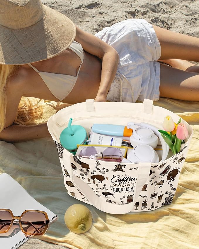 Large Tote Bag for Women - Canvas Tote Bag with Zipper Aesthetic Reusable Shoulder Bag for Gym, Travel, Work