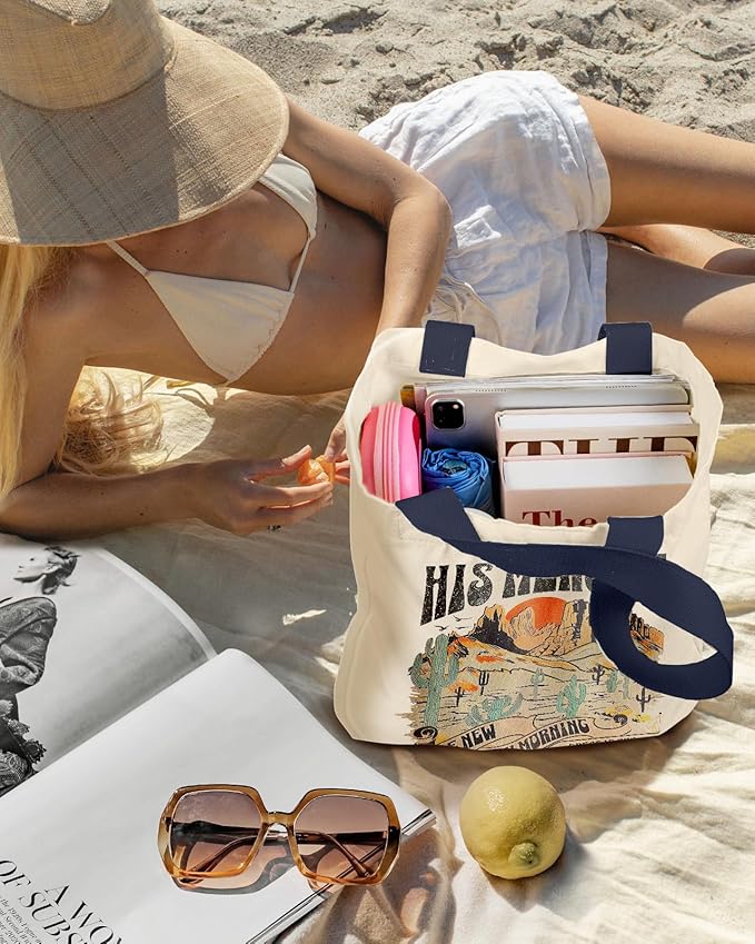 Aesthetic Heavy Canvas Tote Bag with Pocket for Women, Cloth Gusseted Totes Bag with Pattern for Shopping