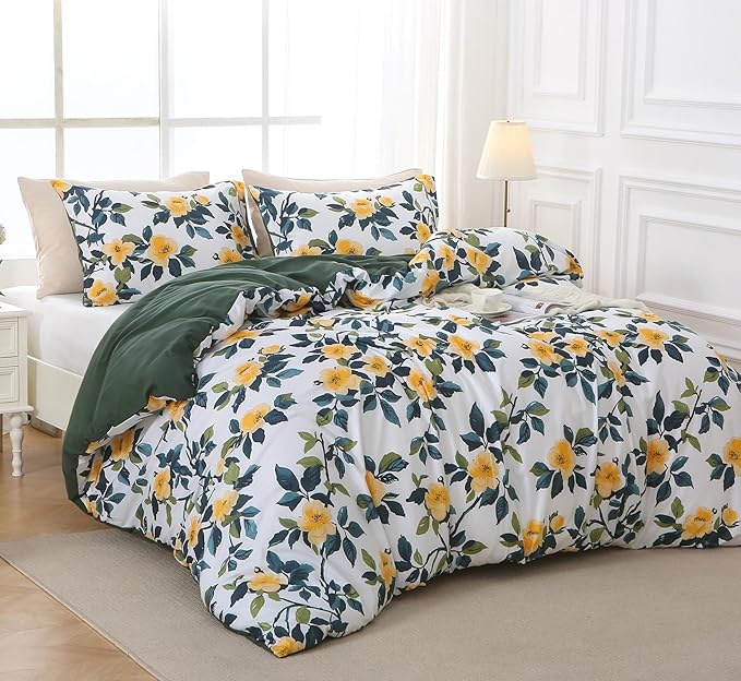 Duvet Cover King Size, Reversible Floral Vintage Duvet Cover Set with Zipper Closure, 3 Pieces Botanical Patterns Soft Microfiber Bedding Set (90"x104", 2 Pillow Cases 20"×36", Winter Jasmine Green)
