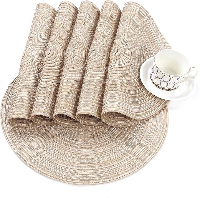 SHACOS Round Braided Placemats Set of 8 Cotton Fabric Round Table Mats Non Slip Washable 15 inch Round Place Mats (Beige, 8)
