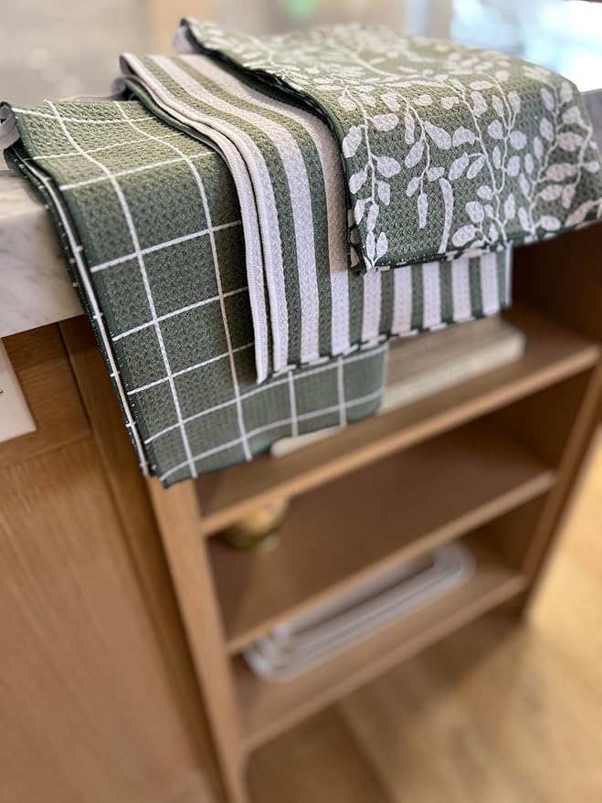 || 3 Pack|| Double Sided || Not Your Ordinary Dish Towels || Waffle Weave Microfiber || Highly Absorbent || Hanging Loop || Dish Cloths || Modern || Designer Prints || Green Stripe