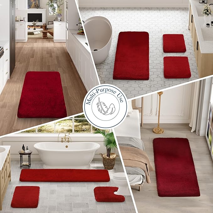 Walensee Bath Rug - Non Slip, Soft Microfiber Shaggy Bath Mat (20 x 32, Red), Machine Washable, Thick Plush Shower Mat