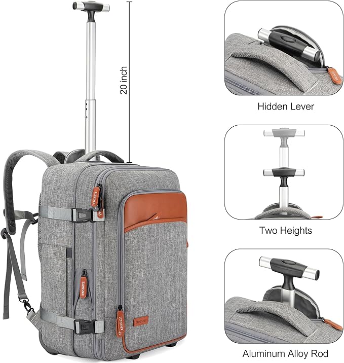 Rolling Backpack for Men and Women, Extra Large 42L Travel Backpack with Wheels, 17.3 Inch Carry-On Laptop Backpack with 4 packing cubes for Business and Work, Large Capacity Rolling Bag(Grey)