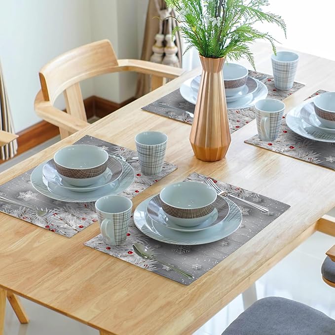 Giwawa Winter Snowflakes Placemats Set of 4 Christmas Silver Snows Xmas Tree Red Berries Linen Table Place Mats Seasonal Non-Slip Heat Resistance 12"x18" for Dining Kitchen Holiday New Year Decor