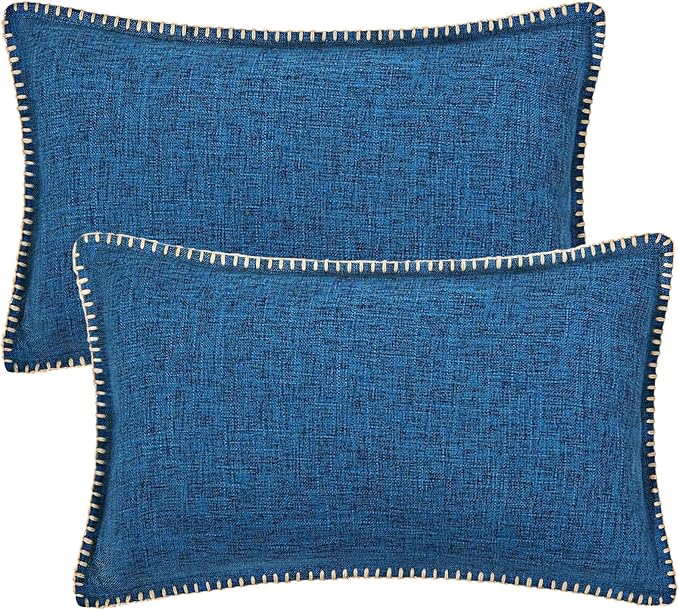 decorUhome Decorative Outdoor Throw Pillow Covers 12x20 Set of 2, Lumbar Linen Rustic Neutral Farmhouse Euro Pillow Covers with Stitched Edge for Couch, Sofa, Living Room, Dark Blue