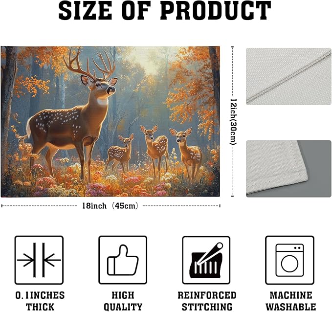 Giwawa Fall Deer Placemats Set of 4, 12"x18" Autumn Forest Trees Moose Linen Place Mat, Woodland Wildlife Washable Non-Slip Table Mats for Kitchen Dining Party Picnic Indoor Outdoor Decor