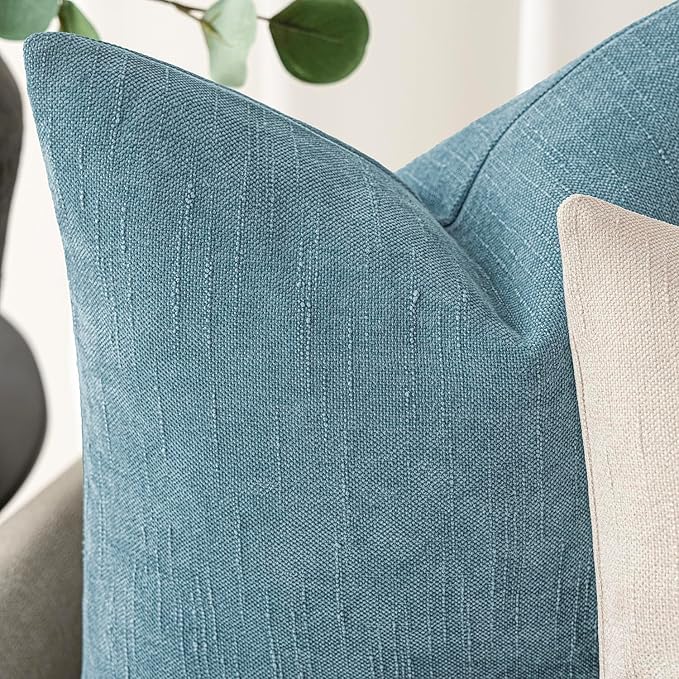 Foindtower Pack of 2 Textured Chenille Throw Decorative Pillow Covers Square Accent Solid Cushion Cover Neutral Farmhouse Pillow Case for Couch Sofa Bedroom Living Room 22x22 Inch,Light Blue