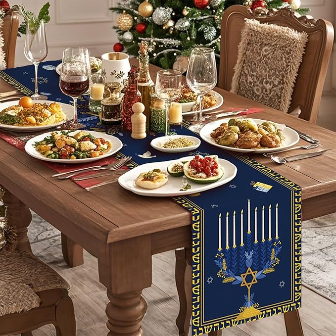 Hanukkah Burlap Table Runner Seasonal Kitchen Dining Linen Table Decoration for Indoor Outdoor Home Party Dinner 13x72 Inch