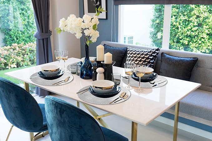 Vinyl Round Placemats Set of 4 - Non Slip Place Mats Ideal for Indoor and Outdoor Dining Table - Washable and Heat Resistant Table Mat for Kitchen Tables (Vincent Silver)