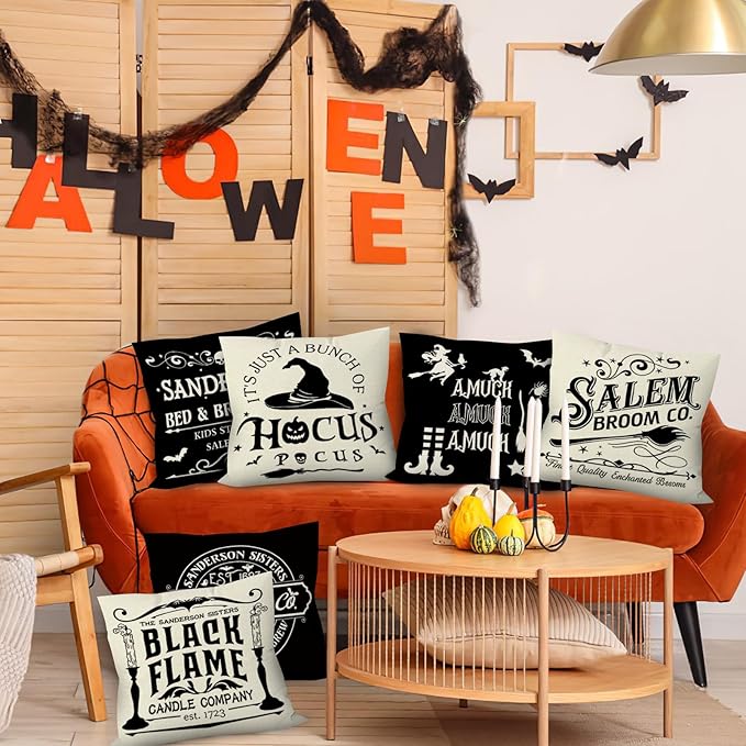 Halloween Pillow Covers 18x18 Inch Set of 6, Indoor Halloween Decorations, Black White Farmhouse Saying Throw Pillow Cover, Scary Pillowcase for Seaonal Party Couch Home Decor