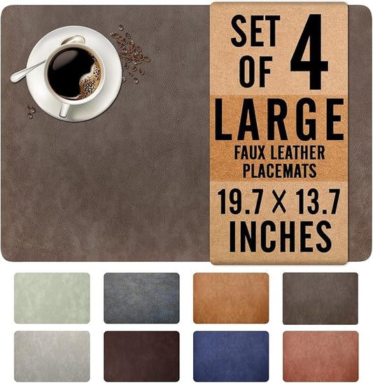 UnivoColors Washed Cowhide Pattern Faux Leather Big Size Placemats Set of 4, Waterproof Easy to Clean Anti-Slip PU Table Mats for Party Decoration19.7″×13.6″,Dark Brown Retro Cowhide Pattern,N