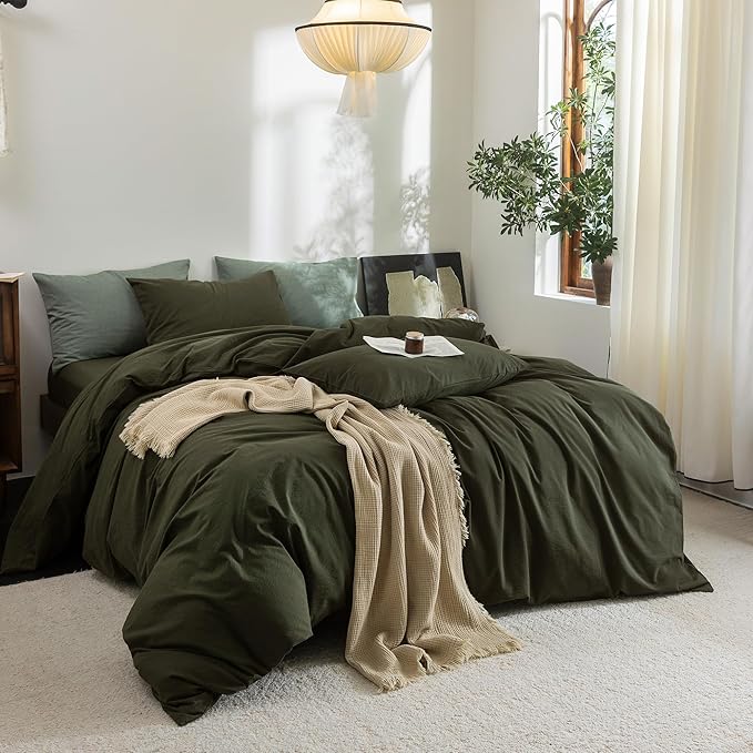 FOSSA Duvet Cover Set 100% Washed Cotton Linen Feel Super Soft Breathable Cozy 3 Pieces Bedding Sets Solid Olive Green Queen