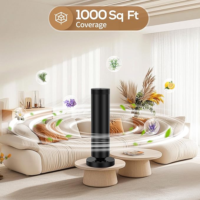 Waterless Diffuser with 90ML Essential Oils, Aromatherapy Diffuser Covers 1000 Sq Ft, Diffusers for Home Hotel, Adjustable Mist & Timer, Scent Diffuser Starter Kit with Night Light, Black