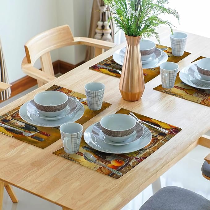 Giwawa Wine Placemats Set of 4 Vintage Style Red Wine Glasses Bottles Linen Table Place Mats Washable Non-Slip Heat Resistance 12"x18" for Kitchen Dining Farmhouse Party Decor