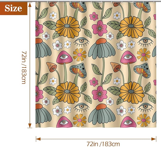 Aimego Boho Mushroom Shower Curtain - 60s 70s Retro Bohemian Flowers Eyes Floral Fabric Cloth Bath Shower Curtain Set with 12 Hooks for Bathroom Decor Accessories, 72"x72"