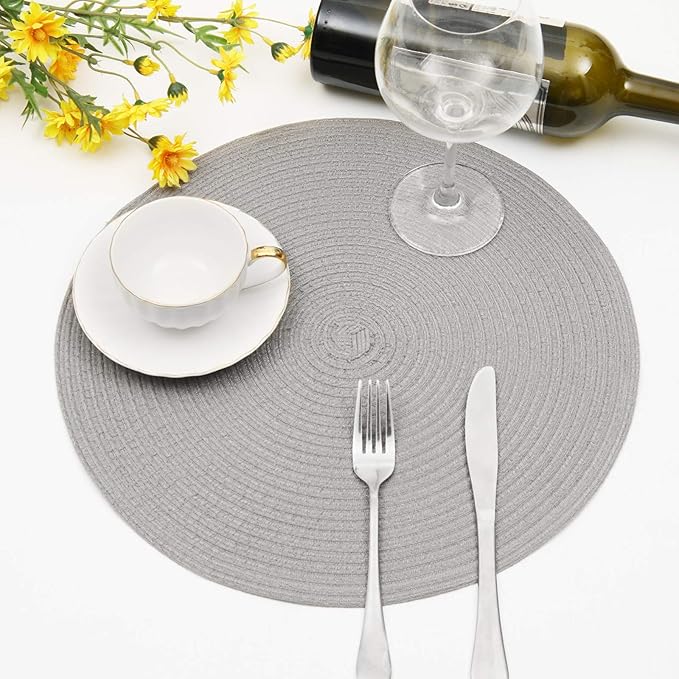 SHACOS Round Braided Placemats Set of 6 Thick Fabric Circle Grey Place Mats Woven Table Mats for Dining Tables 15 inch (Gray, 6)