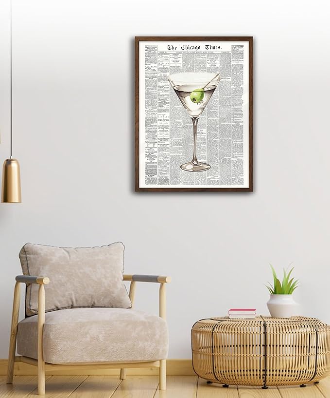 EcoHest Trendy Newspaper Martini Framed Wall Art, 12x16 in Walnut Color OAK Wood Retro Bar Cart Canvas Art, Magazine Aesthetic Apartment Art, Funky 70's Set of 1 for Bedroom Living Room