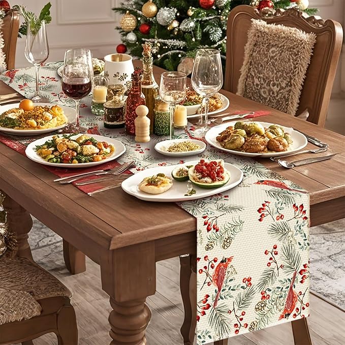 Christmas Bird Burlap Table Runner Seasonal Spring Fall Kitchen Dining Linen Table Decoration for Indoor Outdoor Home Party Dinner 13x72 Inch