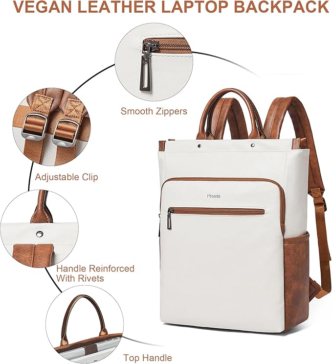 Leather Laptop Backpack for Women, Travel Backpack Purse Fits 15.6 Inch Laptop, Casual Daypack with Laptop Compartment for Teachers College Work Business Nurse Weekender, Beige Brown