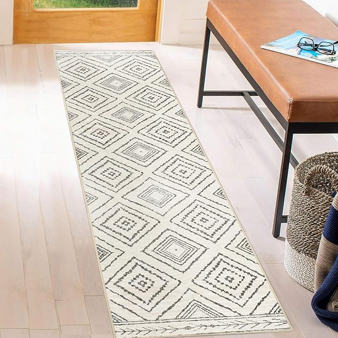 Area Rug 2x10 Rug Machine Washable Non-Slip Low Pile Print Pattern Western Rug for Living Room Bedroom Entryway Tribal Series -Navywhite/Black