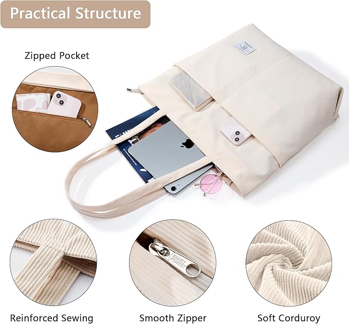 KALIDI Women Corduroy Tote Bag Zipper Casual Tote's Handbag Big Capacity Shoulder Bag with Pockets