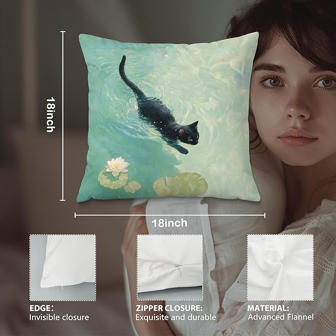 Black Cat Art Painting Throw Pillow Covers 18x18, Aesthetic Cats Decor Pillow Covers for Room Bedroom, Elegant Swimming, Black Cat Decor, Cats Lovers Lady Mom Grandma Gifts
