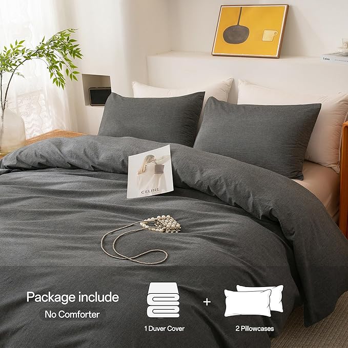 ECOCOTT Duvet Cover Set, 100% Washed Cotton Linen-Like Textured Soft & Breathable, Durable Comfy Bedding Set for All Seasons (Grey, California King)