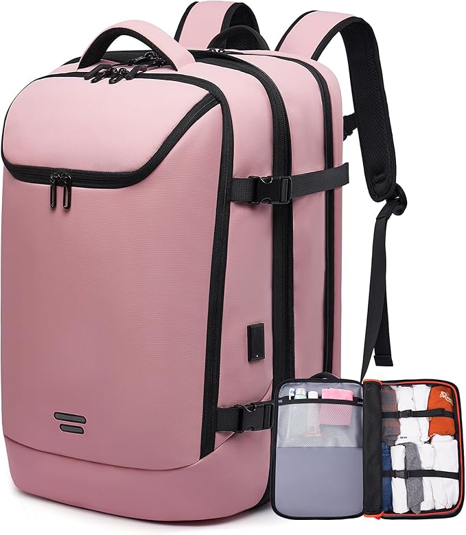 Travel Carry on backpack 50L for Women, Fits 17.3 inch Laptop with USB Charging Port, Expandable Flight Approved Backpack for Overnight (pink)