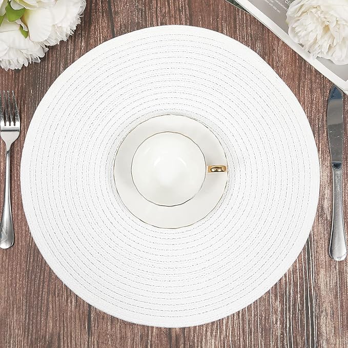 SHACOS Round Braided Placemats Set of 6 Round Table Mats for Dining Table 15 inch Washable Cotton Polyester Place Mat (White, 6)