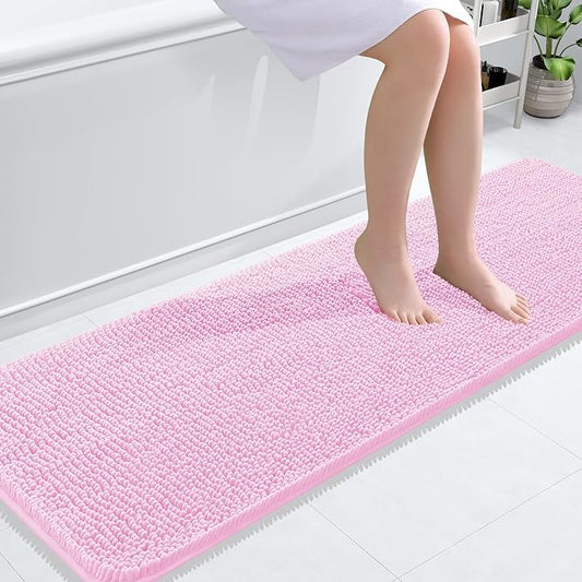 OLANLY Bathroom Rugs 59x20, Extra Soft Absorbent Chenille Bath Rugs, Rubber Backing Quick Dry, Machine Washable Bath Mats for Bathroom Floor, Tub and Shower, Home Decor Accessories, Pink