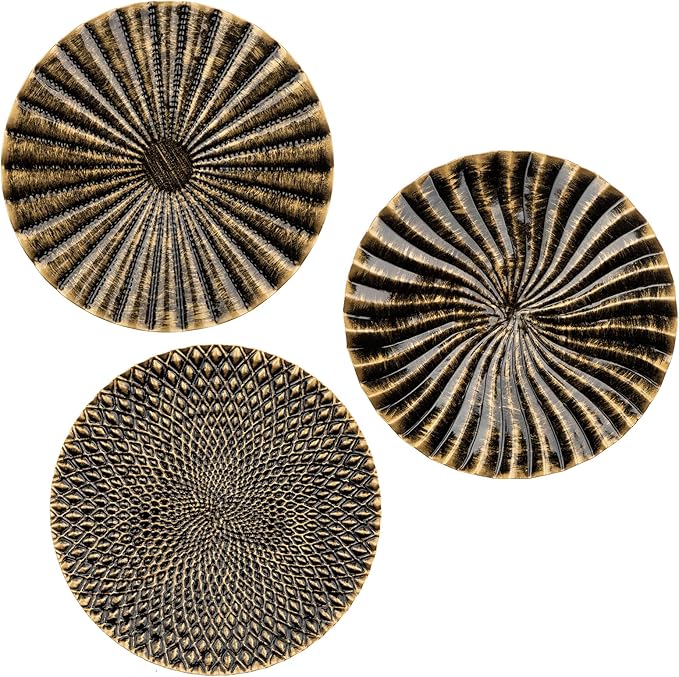 12" Wall Décor Pack of 3 Metal Gold & Black Washed Starbursts Radial Plate Wall Art Modern Accent Hanging Wall Decorations For Home Office Bedroom Or Living Room Wall Sculptures