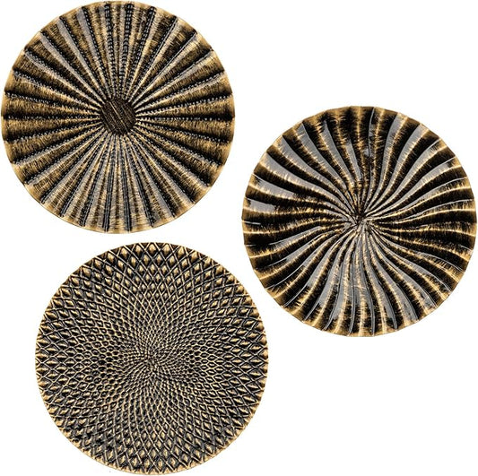 12" Wall Décor Pack of 3 Metal Gold & Black Washed Starbursts Radial Plate Wall Art Modern Accent Hanging Wall Decorations For Home Office Bedroom Or Living Room Wall Sculptures