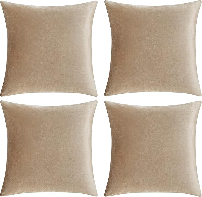 GIGIZAZA Decorative Throw Pillow Covers 18 x 18, Taupe Beige Khaki Soft Pillow Covers Velvet,Set of 4 Decor Square Cushion Covers