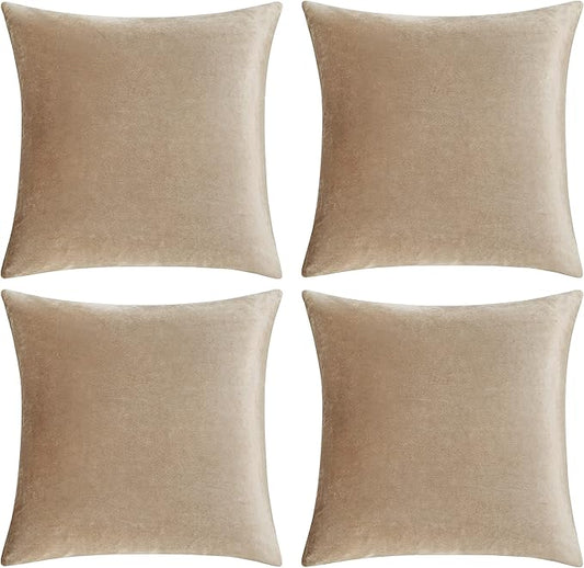 GIGIZAZA Decorative Throw Pillow Covers 16x16, Natural Beige Soft Pillow Covers Velvet, Set of 4 Decor Square Cushion Covers