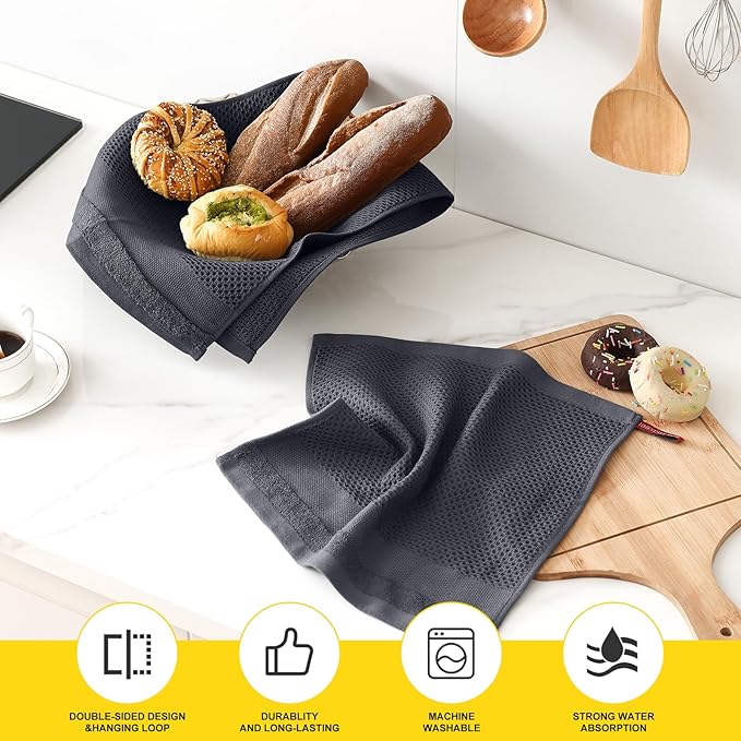 Homaxy Kitchen Towels and Dishcloths Set, 12 x 12 and 13 x 28 Inches, Set of 8 100% Cotton Waffle Weave Kitchen Towels, Super Soft and Absorbent Dish Cloths, Dark Grey