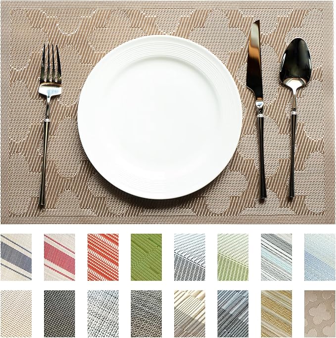 Placemats Set of 8 Vinyl/Plastic Woven Place Mats for Kitchen Table Indoor/Outdoor Washable Placemat Wipeable Dining Table Mats (Dark Brown Clover,8)