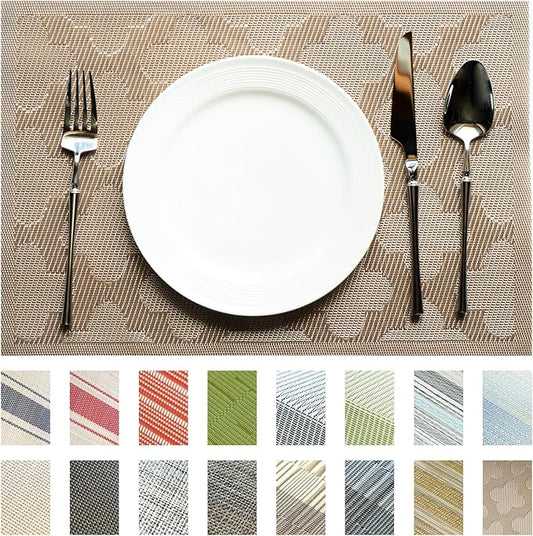 Placemats Set of 6 Vinyl/Plastic Woven Place Mats for Kitchen Table Indoor/Outdoor Washable Placemat Wipeable Dining Table Mats (Dark Brown Clover,6)